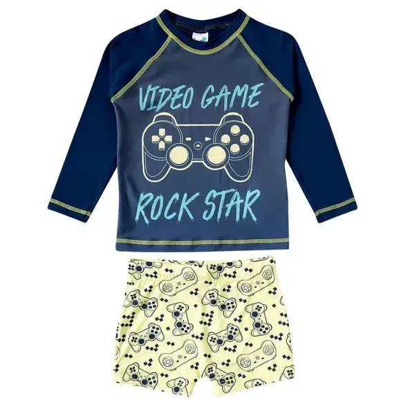 CONJUNTO PRAIA CAMISA FPS COM SUNGA TEMA VIDEO GAMES COR MARINHO